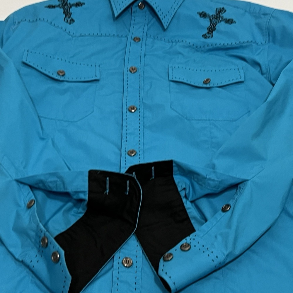 Y2K Ace Of Diamond Western‎ Shirt Turquoise Embroidered Cross Fleur De Lis Large - Picture 7 of 12